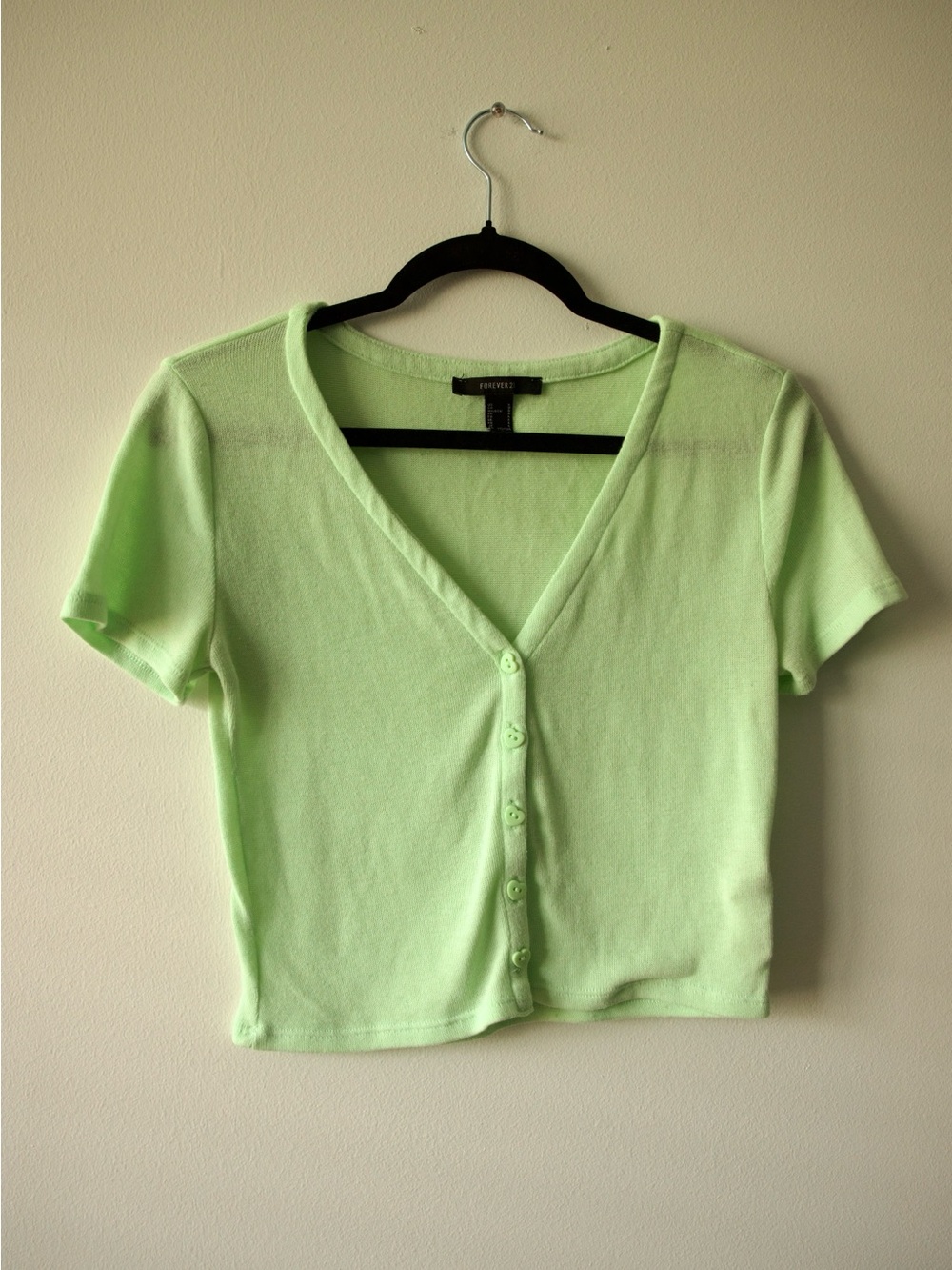 Forever 21 Light Green V-Neck Button Crop Top